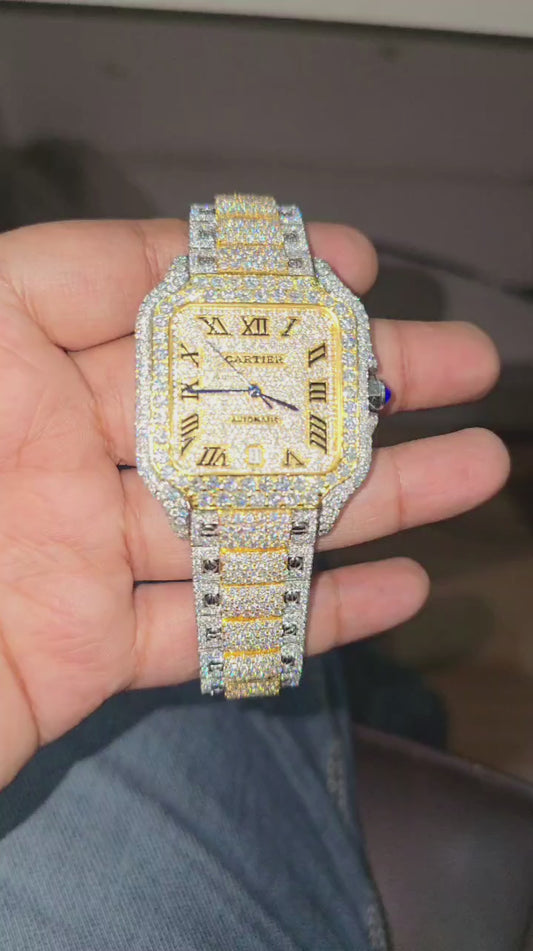 Cartier Santos  Iced out Yellow gold diamond watch